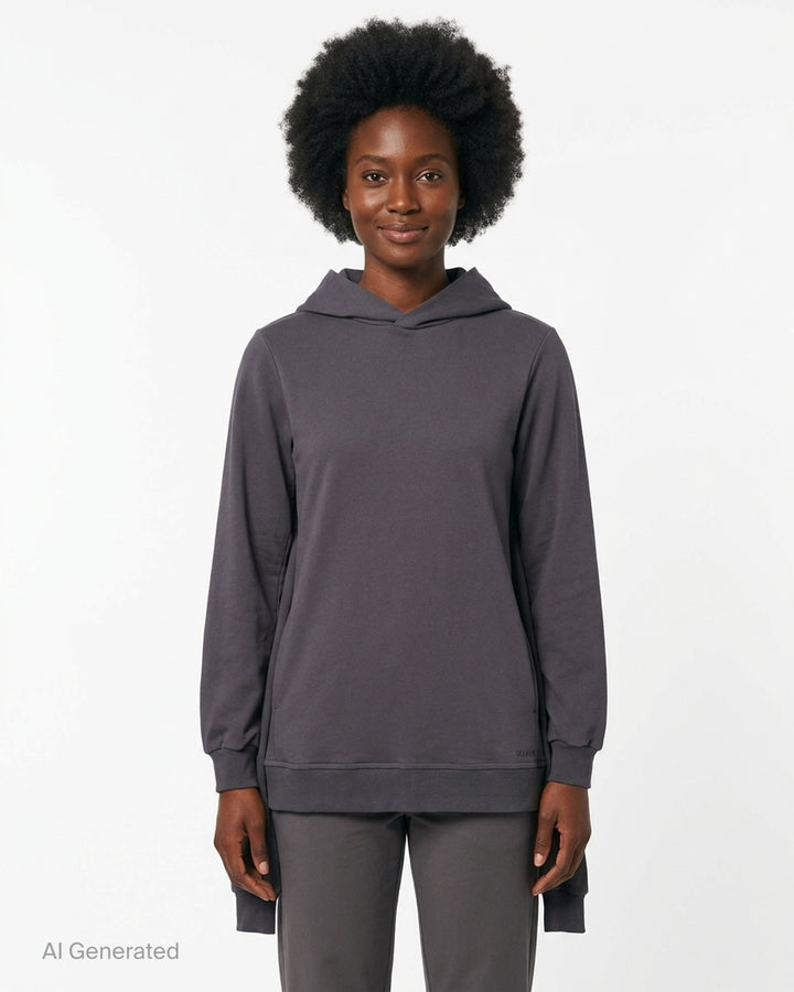 We11done Charcoal Layered Sleeve Hoodie — front view showing double-layered construction, draped oversized hood, and elongated ribbed hem panels - front