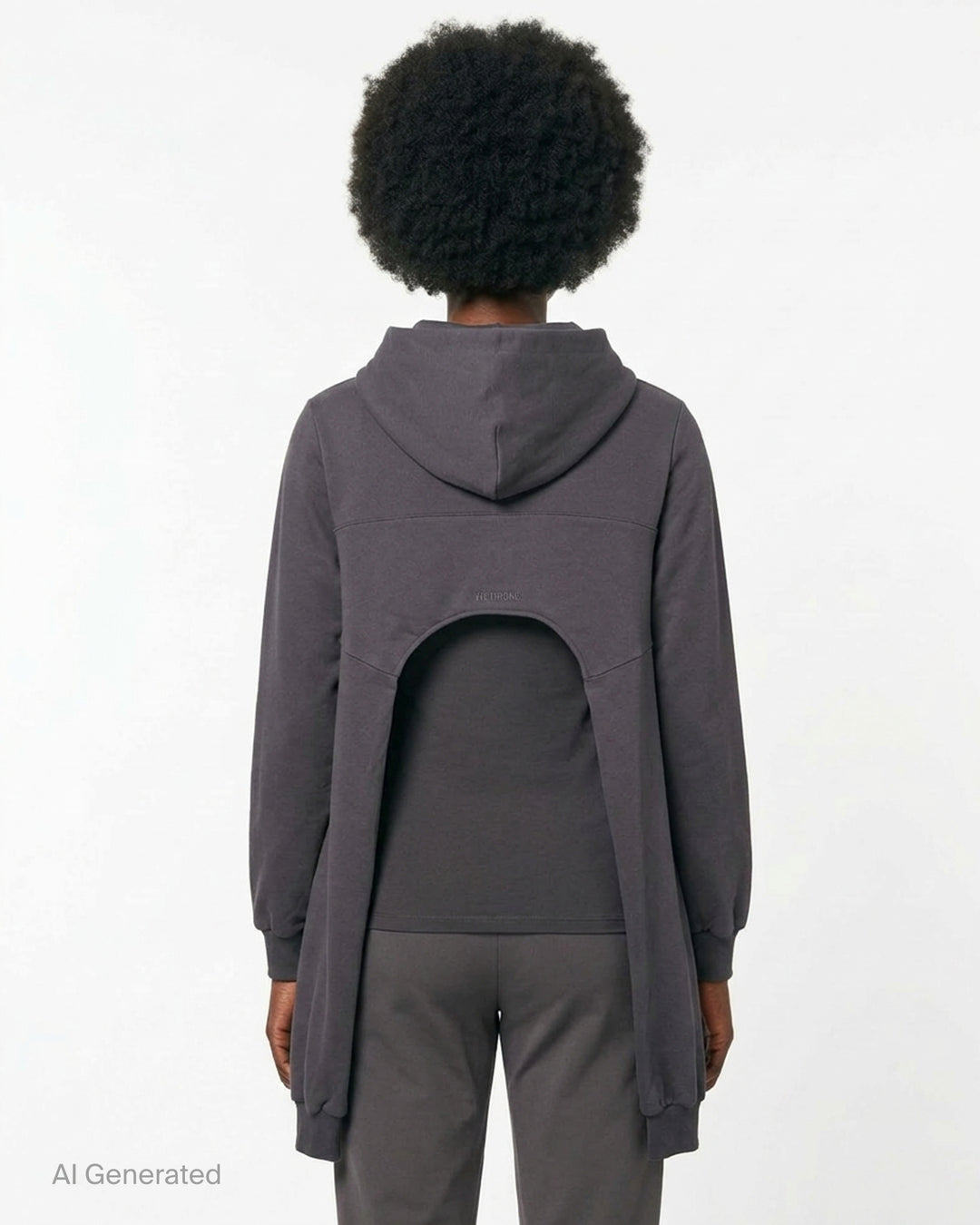 We11done Charcoal Layered Sleeve Hoodie — front view showing double-layered construction, draped oversized hood, and elongated ribbed hem panels - back
