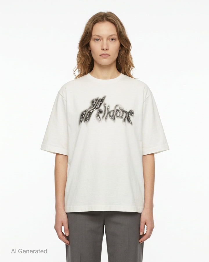 We11done White Crystal Logo T-Shirt with airbrushed graffiti-style jewelled brand logo graphic on the chest, oversized fit, crew neck, short sleeves - front