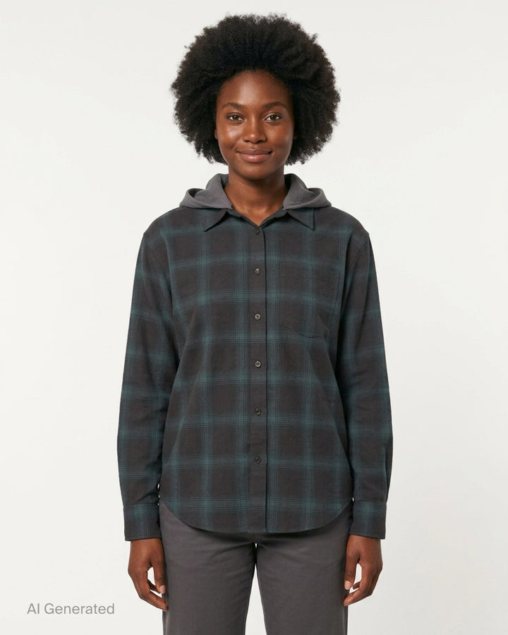 We11done Detachable Hood Plaid Shirt in dark brown and blue shadow check, featuring a removable grey hood, point collar, and full button-front closure in an oversized fit - front