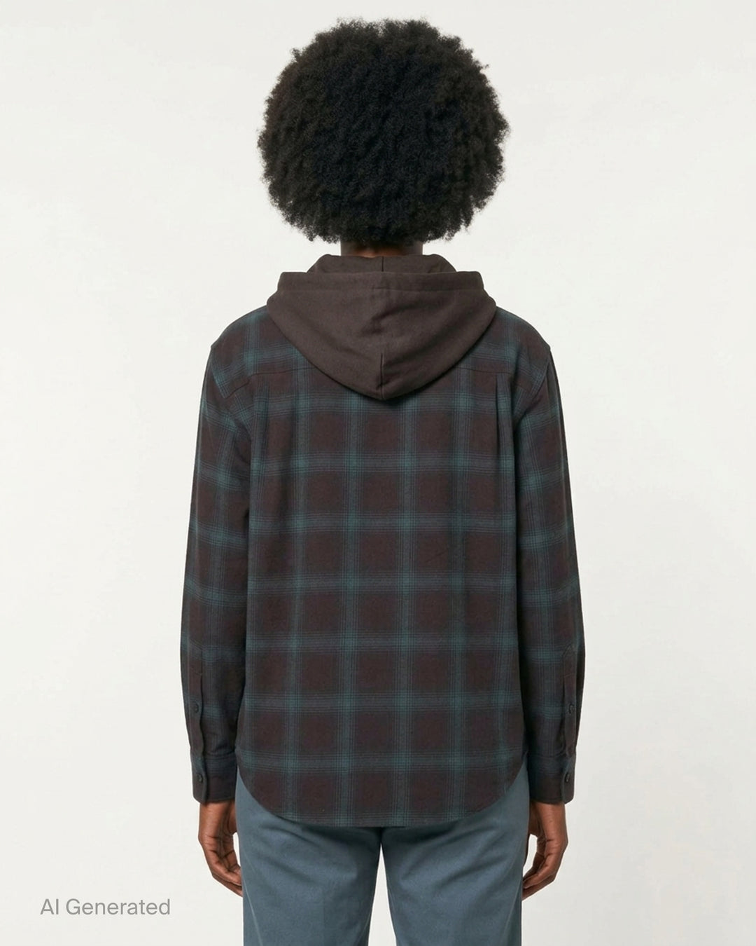 We11done Detachable Hood Plaid Shirt in dark brown and blue shadow check, featuring a removable grey hood, point collar, and full button-front closure in an oversized fit - back