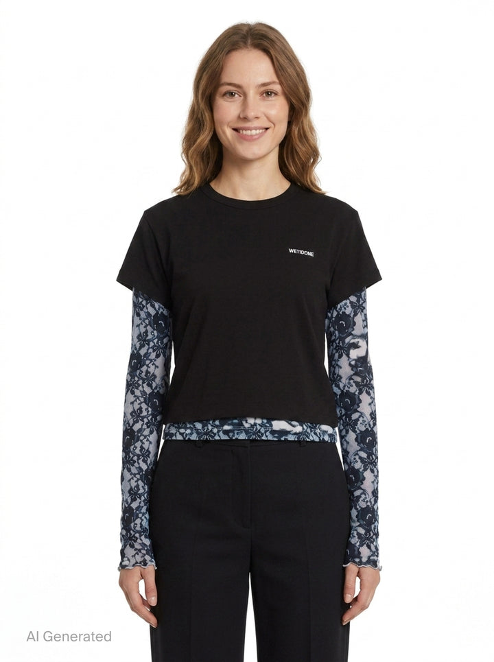 Layered Lace Print Tee | We11done | Club21 - front