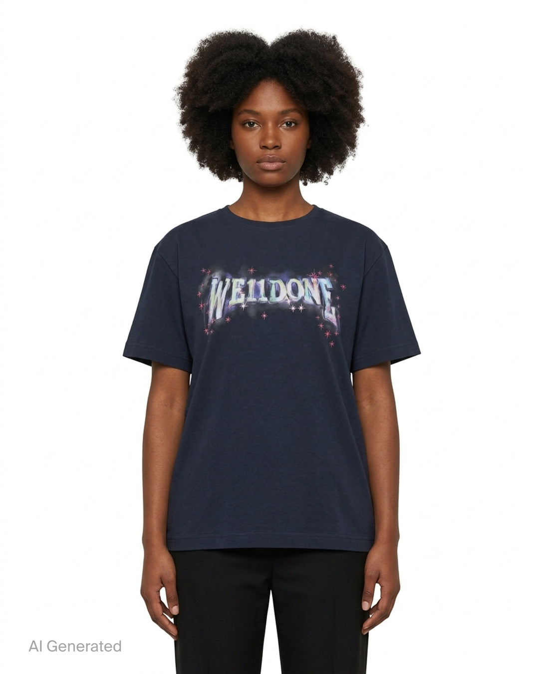 We11done Navy Glowstar T-Shirt with iridescent logo graphic and pink star motifs on a dark navy cotton base, front view - front