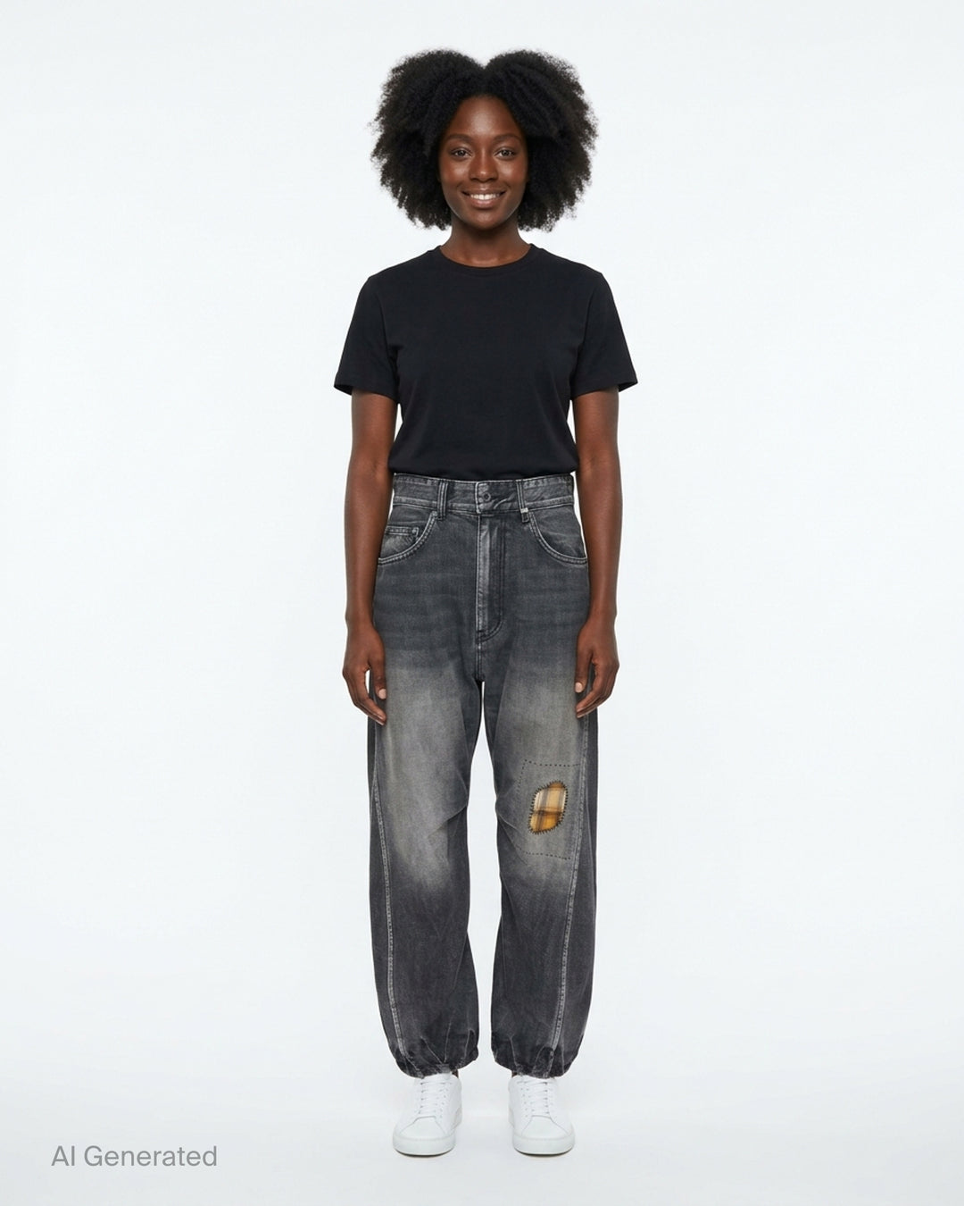 We11done washed grey curved jeans with a hand-stitched plaid check patch at the knee, five-pocket construction, and elasticated ankle cuffs - front