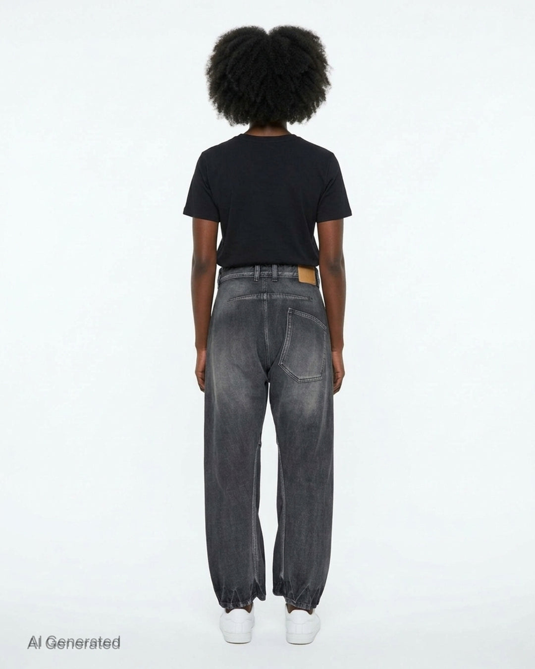 We11done washed grey curved jeans with a hand-stitched plaid check patch at the knee, five-pocket construction, and elasticated ankle cuffs - back