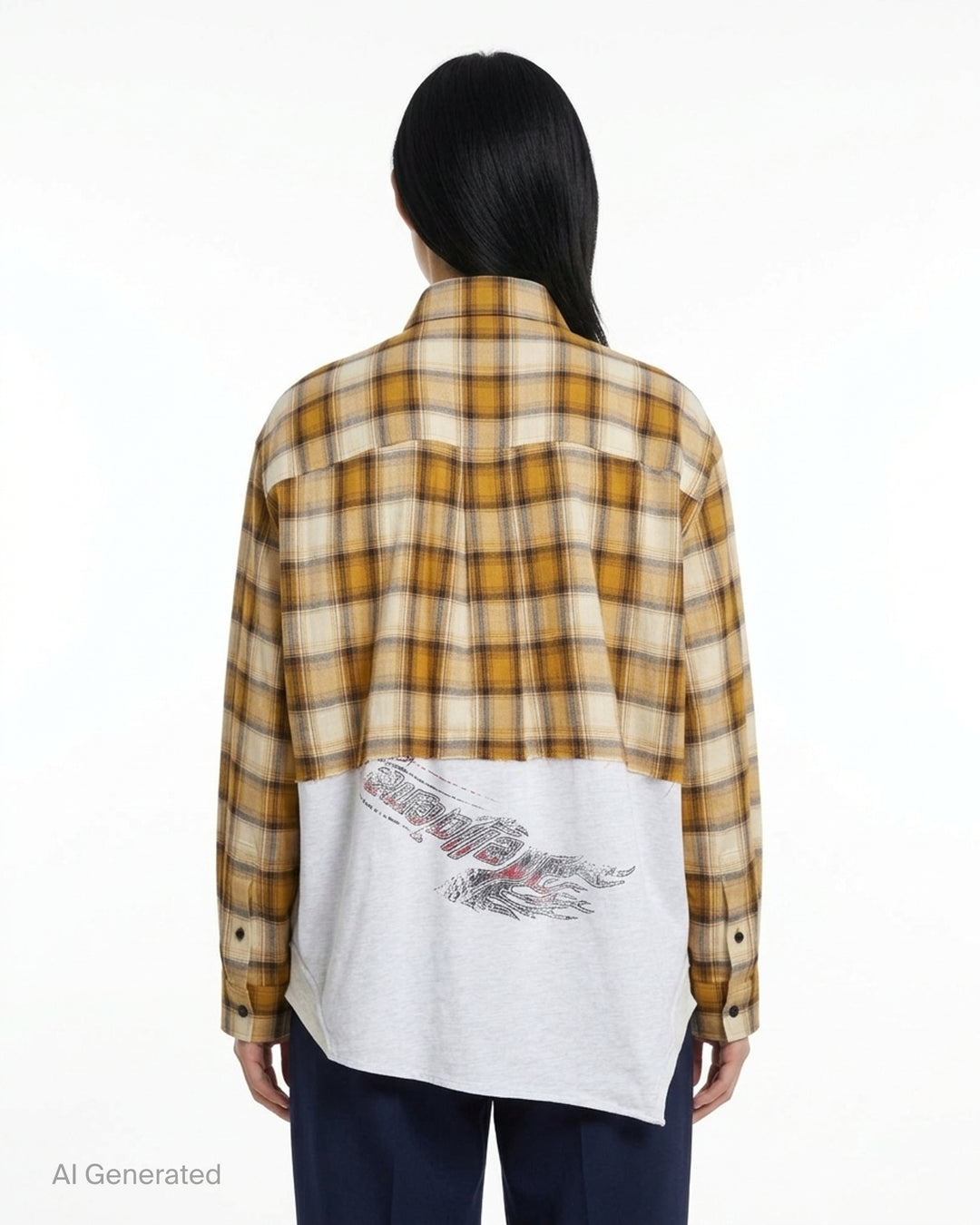 We11done Reworked Plaid Jersey Shirt in mustard yellow tartan flannel with burgundy varsity-lettered and ecru cartographic jersey panels, front view - back