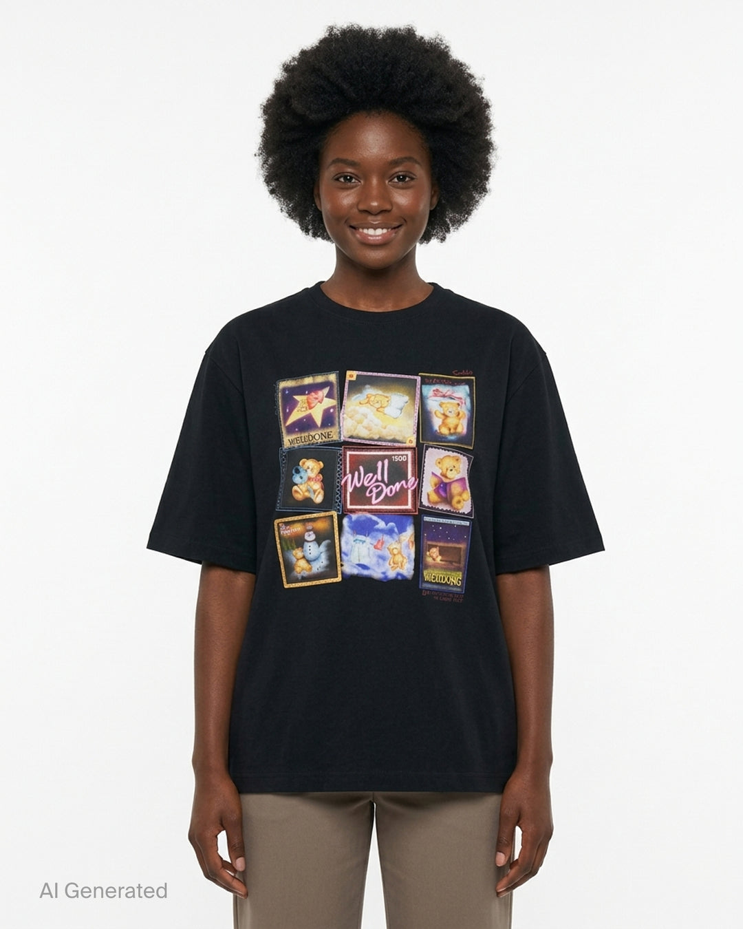 We11done Black Teddy Memories T-Shirt with a multi-panel teddy bear stamp collage graphic print on the chest, shown in an oversized relaxed fit against a white background - front