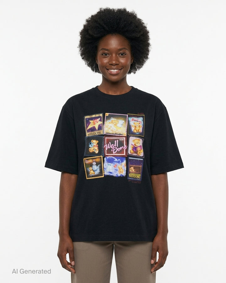 We11done Black Teddy Memories T-Shirt with a multi-panel teddy bear stamp collage graphic print on the chest, shown in an oversized relaxed fit against a white background - front