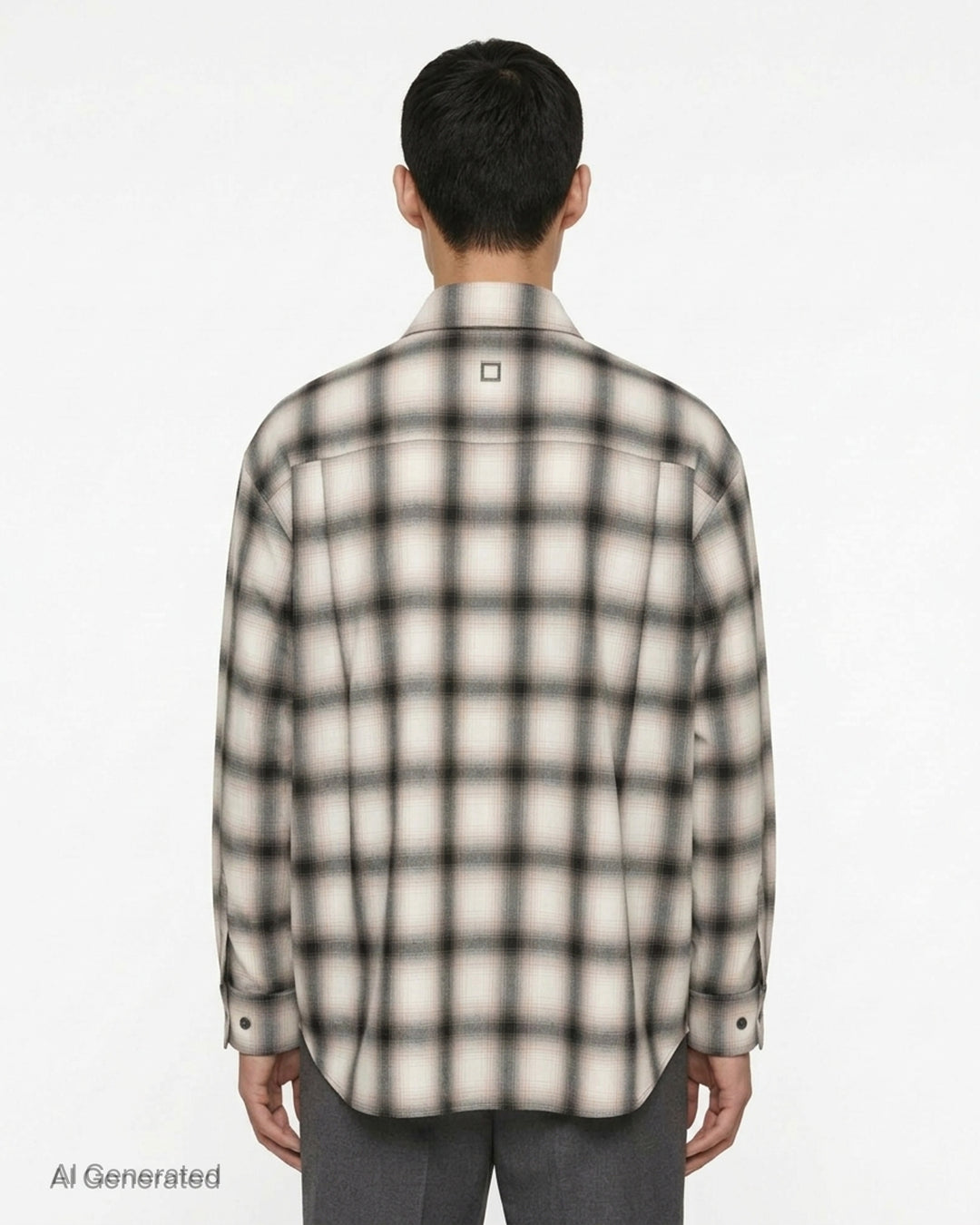 Wooyoungmi ombré shadow plaid long sleeve shirt in cream and charcoal, featuring a point collar, full button placket with gunmetal buttons, chest patch pocket, and a curved hem - back