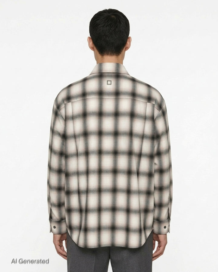 Wooyoungmi ombré shadow plaid long sleeve shirt in cream and charcoal, featuring a point collar, full button placket with gunmetal buttons, chest patch pocket, and a curved hem - back