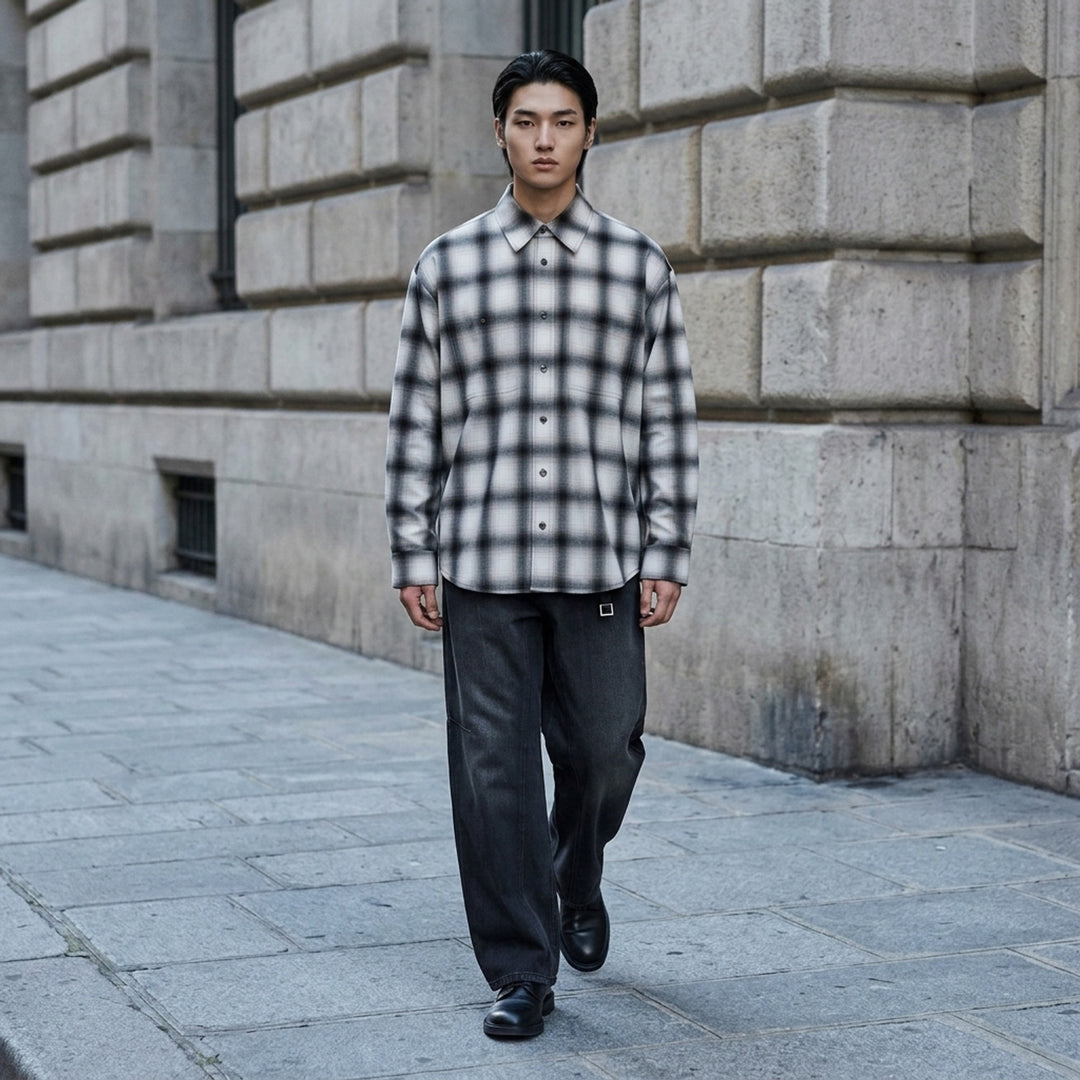 Wooyoungmi ombré shadow plaid long sleeve shirt in cream and charcoal, featuring a point collar, full button placket with gunmetal buttons, chest patch pocket, and a curved hem - lifestyle
