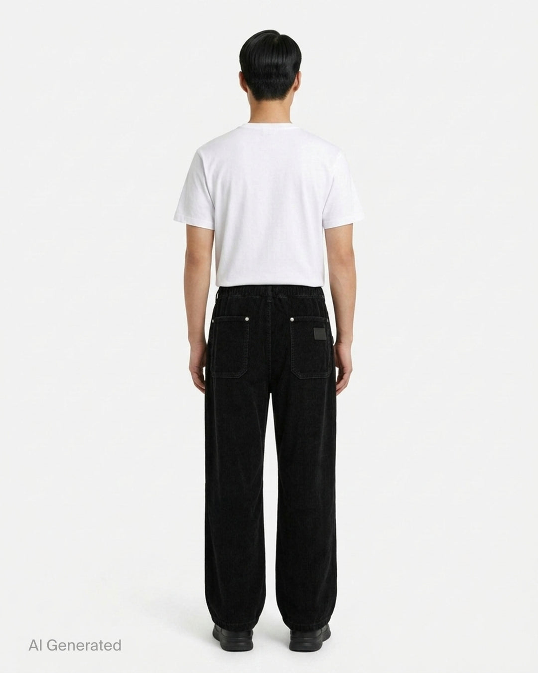 Wooyoungmi black corduroy wide-leg pants with elasticated waistband, buckle hardware, articulated knee panels, and cuffed hems, displayed flat on a white background - back