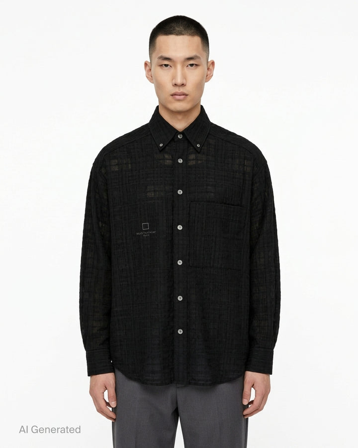 Wooyoungmi Crinkled Texture Long Sleeve Shirt in black, featuring a semi-sheer tonal plaid weave, button-down collar, chest patch pocket, and tone-on-tone Wooyoungmi Paris logo - front