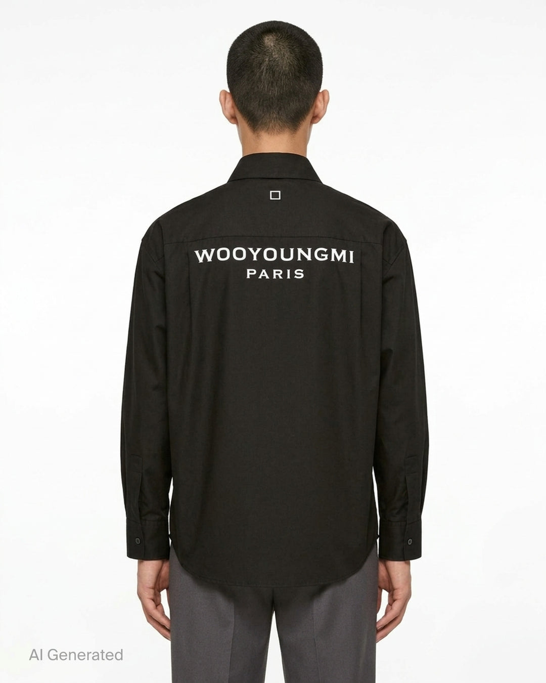 Wooyoungmi black long sleeve button-up shirt with tonal embroidered logo on chest pocket and silver-tone buttons - back