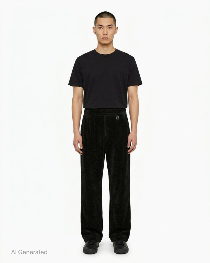 Wooyoungmi Flock Corduroy Track Pants in sand, featuring a wide-wale ribbed texture, elasticated waistband, and straight-leg silhouette with metal hardware label detail - front