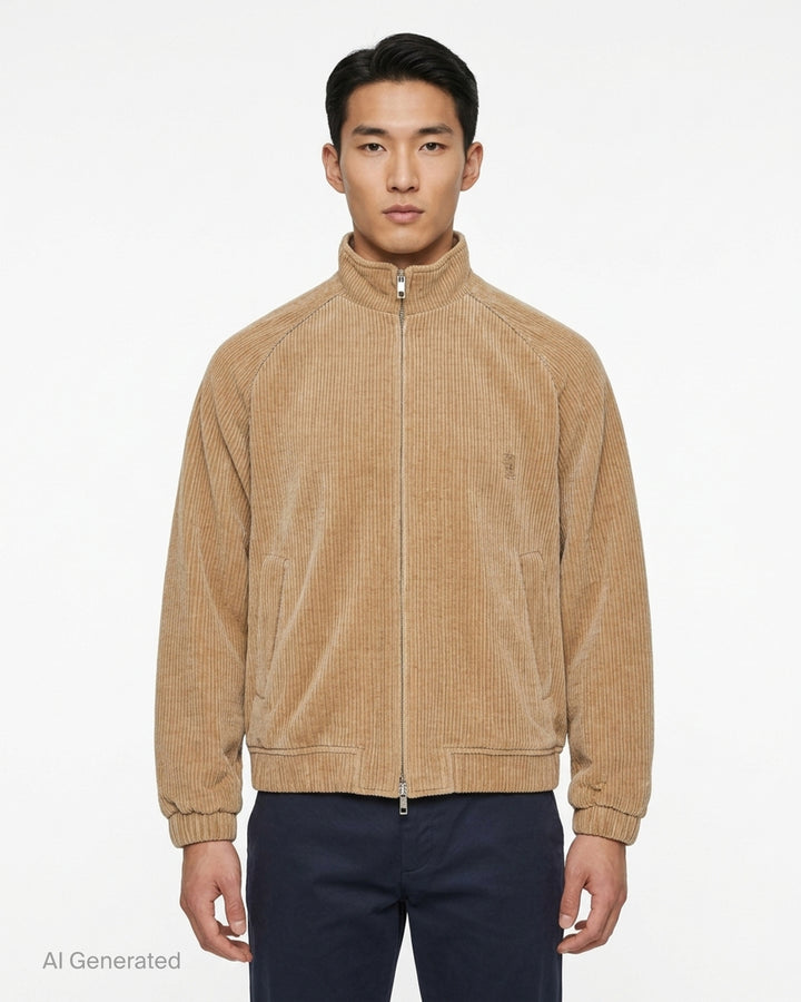 Wooyoungmi Flock Track Jacket in beige wide-wale corduroy with full-length silver zip, mock neck collar, raglan sleeves, and tonal logo patch - front