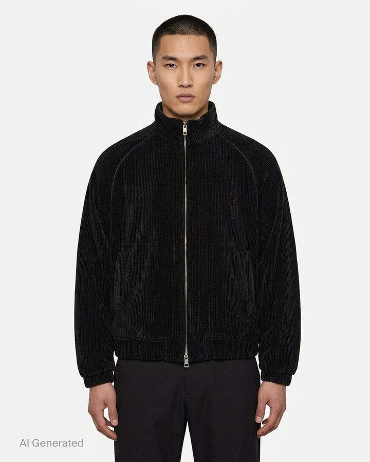 Wooyoungmi Flock Track Jacket in beige wide-wale corduroy with full-length silver zip, mock neck collar, raglan sleeves, and tonal logo patch - front
