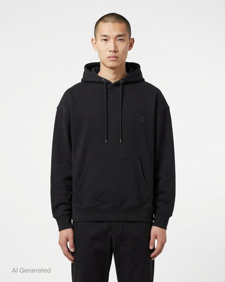 Wooyoungmi black pullover hoodie with drawstring hood, kangaroo pocket and tonal logo patch on the chest - front
