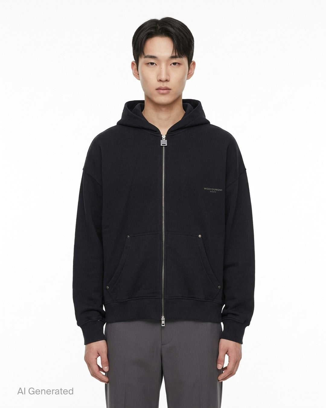 Black Wooyoungmi zip-up hoodie with padlock-style zip pull, stud-detailed kangaroo pockets and small gold logo on the chest - front