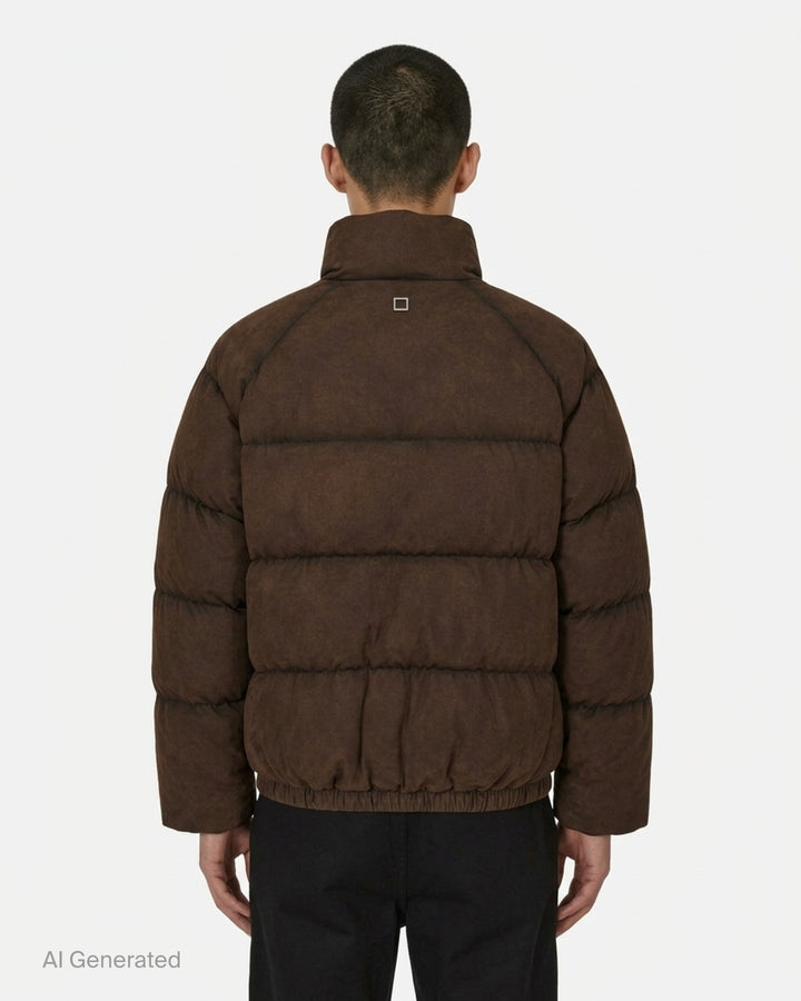 Wooyoungmi mens chocolate brown suede-effect quilted down puffer jacket with high stand collar, snap-button placket, and cargo flap pockets - back