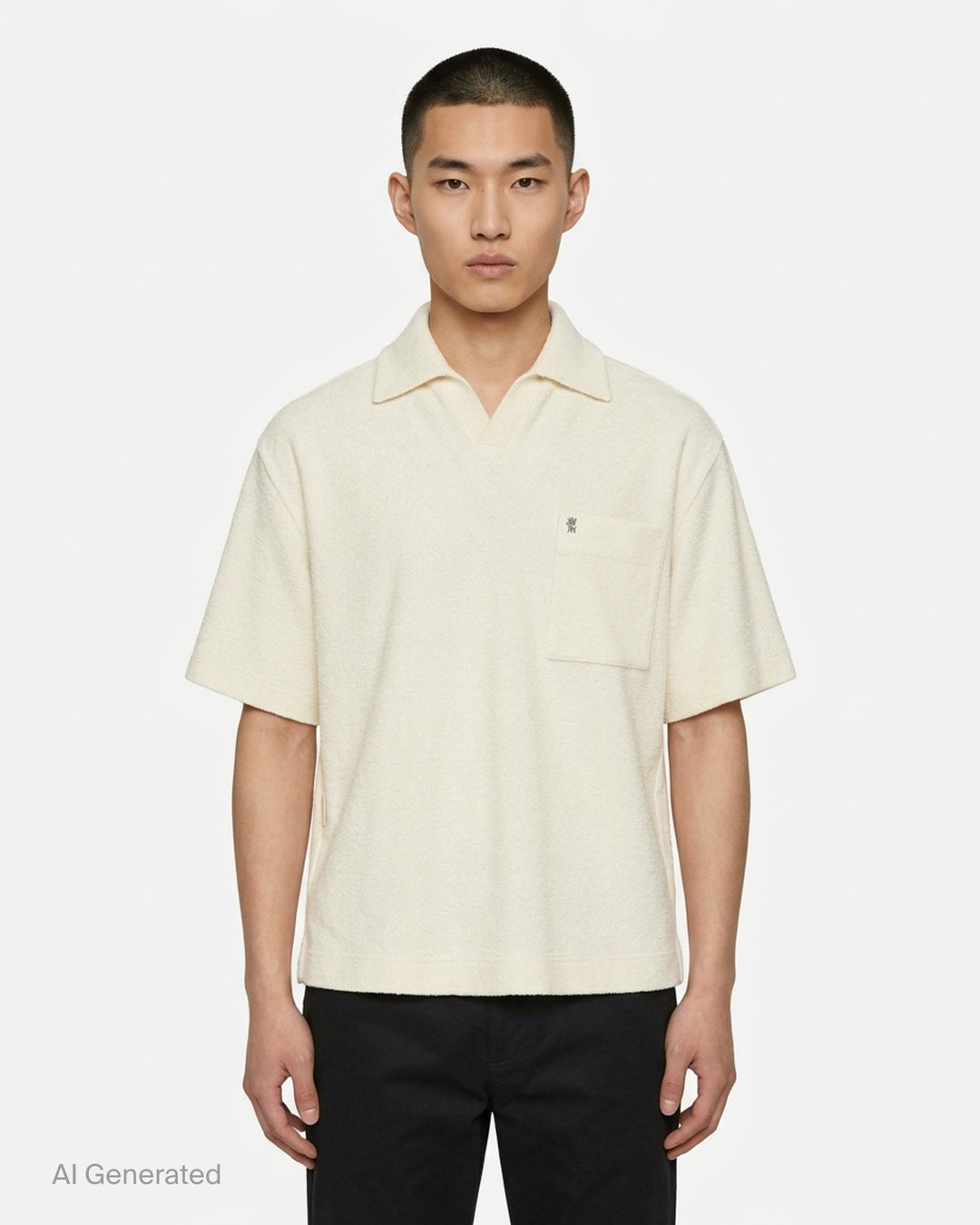 Wooyoungmi Oversized Textured Polo in black, featuring an open-placket collar, boxy short-sleeve silhouette, chest patch pocket with tonal WM monogram badge, and side hem vents - front