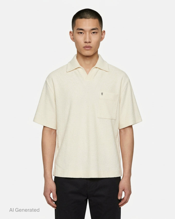 Wooyoungmi Oversized Textured Polo in black, featuring an open-placket collar, boxy short-sleeve silhouette, chest patch pocket with tonal WM monogram badge, and side hem vents - front
