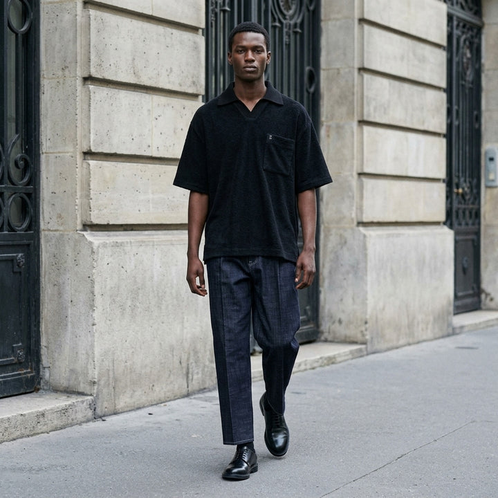 Wooyoungmi Oversized Textured Polo in black, featuring an open-placket collar, boxy short-sleeve silhouette, chest patch pocket with tonal WM monogram badge, and side hem vents - lifestyle