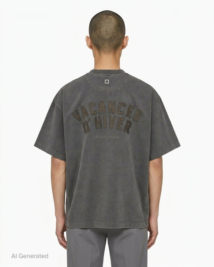 Wooyoungmi Vacances D'Hiver oversized crewneck tee in acid-washed brown with tonal chest logo embroidery - back