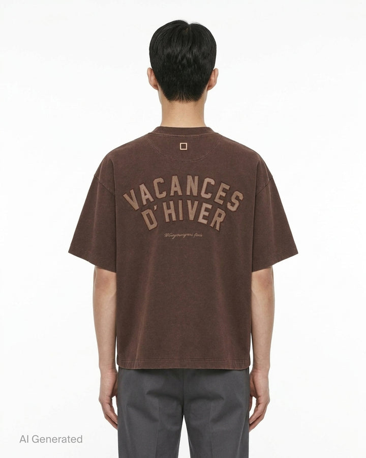 Wooyoungmi Vacances D'Hiver oversized crewneck tee in acid-washed brown with tonal chest logo embroidery - back