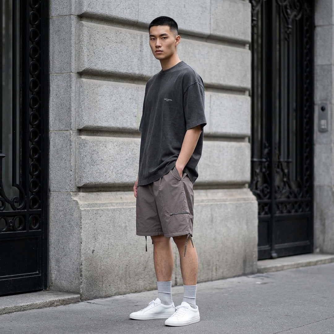 Wooyoungmi Vacances D'Hiver oversized crewneck tee in acid-washed brown with tonal chest logo embroidery - lifestyle