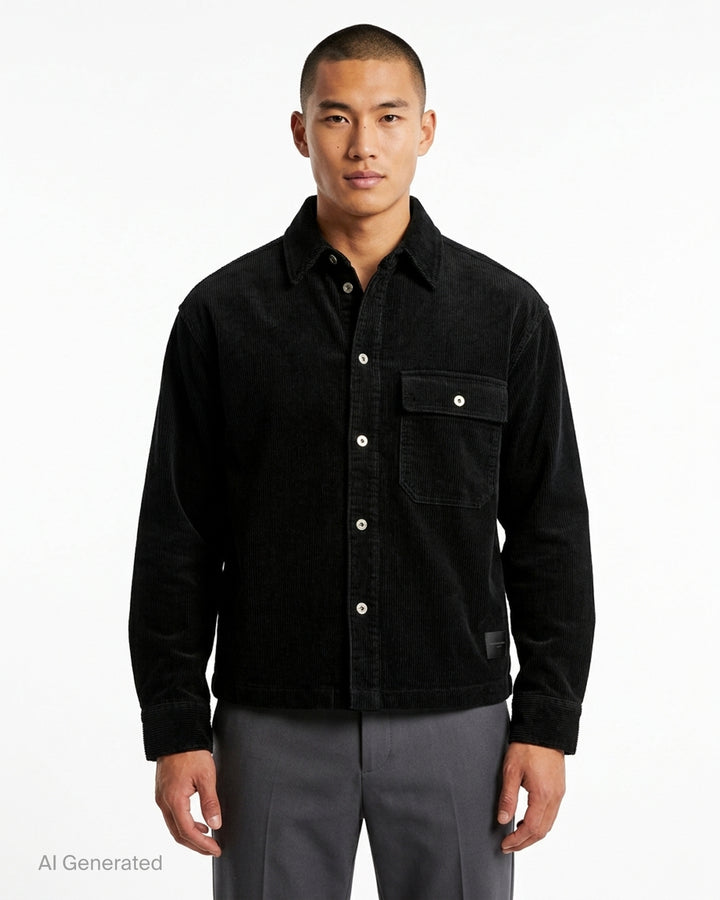 Wooyoungmi Washed Corduroy Overshirt in black, front view, showing ribbed texture, button fastening, chest pocket, and branding label at hem - front