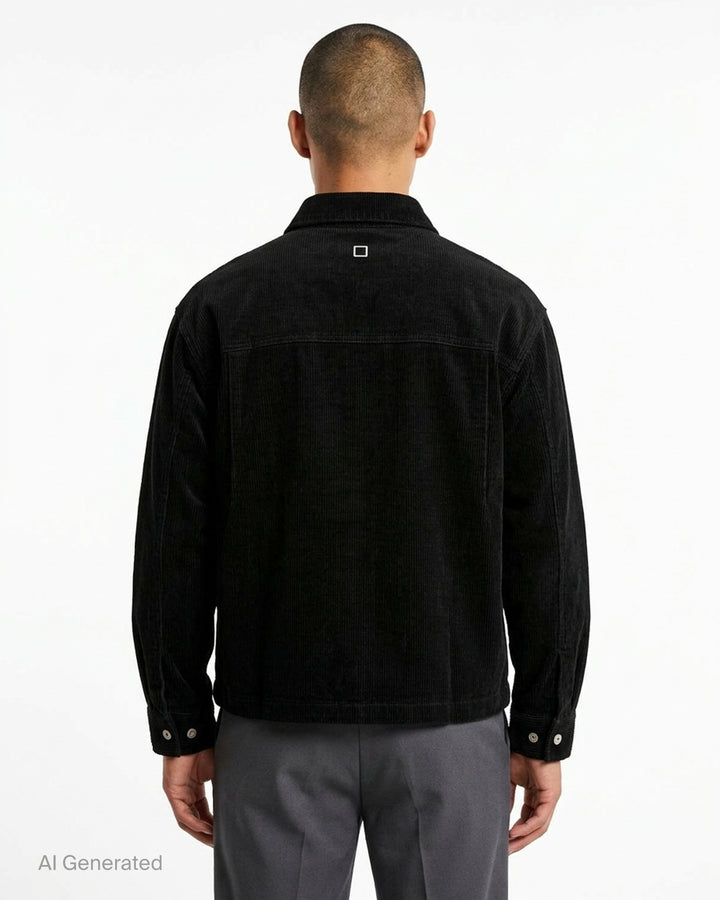 Wooyoungmi Washed Corduroy Overshirt in black, front view, showing ribbed texture, button fastening, chest pocket, and branding label at hem - back