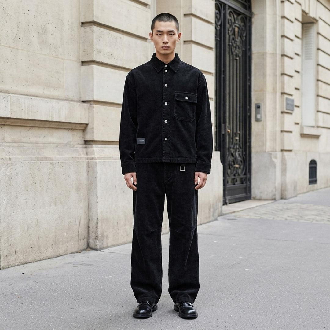 Wooyoungmi Washed Corduroy Overshirt in black, front view, showing ribbed texture, button fastening, chest pocket, and branding label at hem - lifestyle