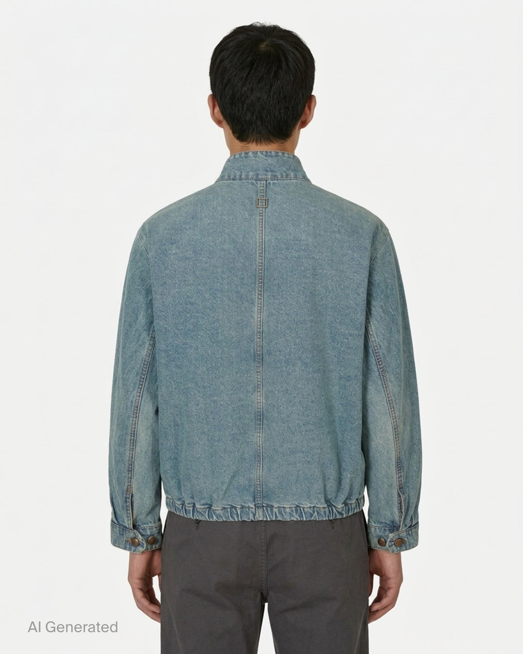 Wooyoungmi washed light indigo denim blouson with funnel collar, brass zip closure, hip pockets, and small logo embroidery on the chest - back