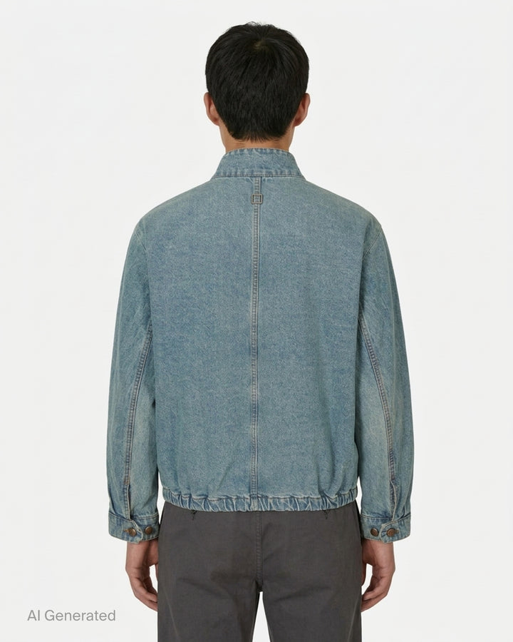 Wooyoungmi washed light indigo denim blouson with funnel collar, brass zip closure, hip pockets, and small logo embroidery on the chest - back