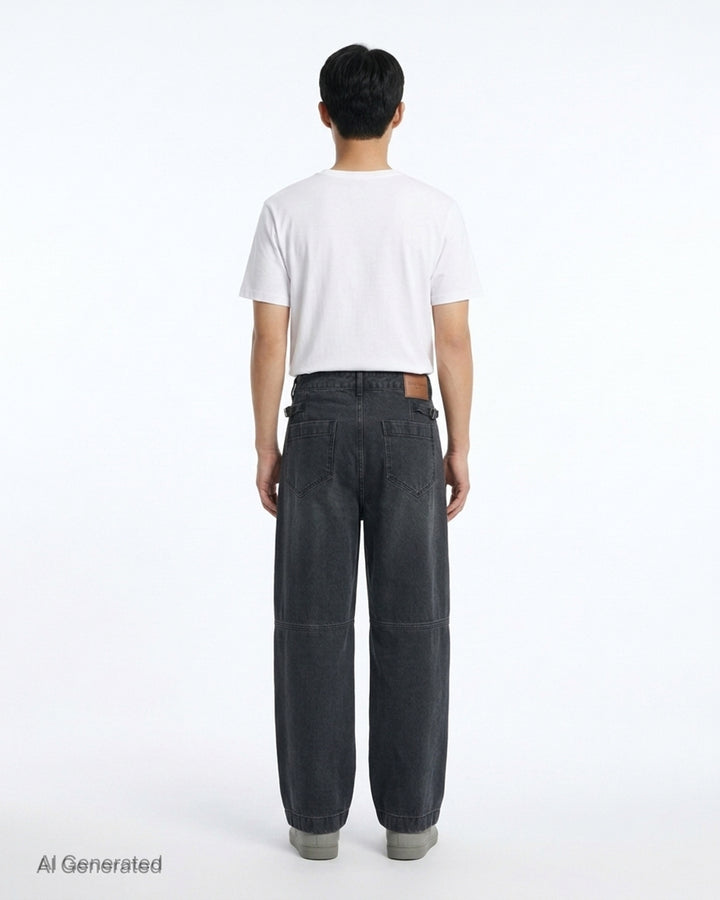 Wooyoungmi wide leg jeans in washed dark indigo denim with paneled knees and square metal waistband hardware, shown flat from the front - back
