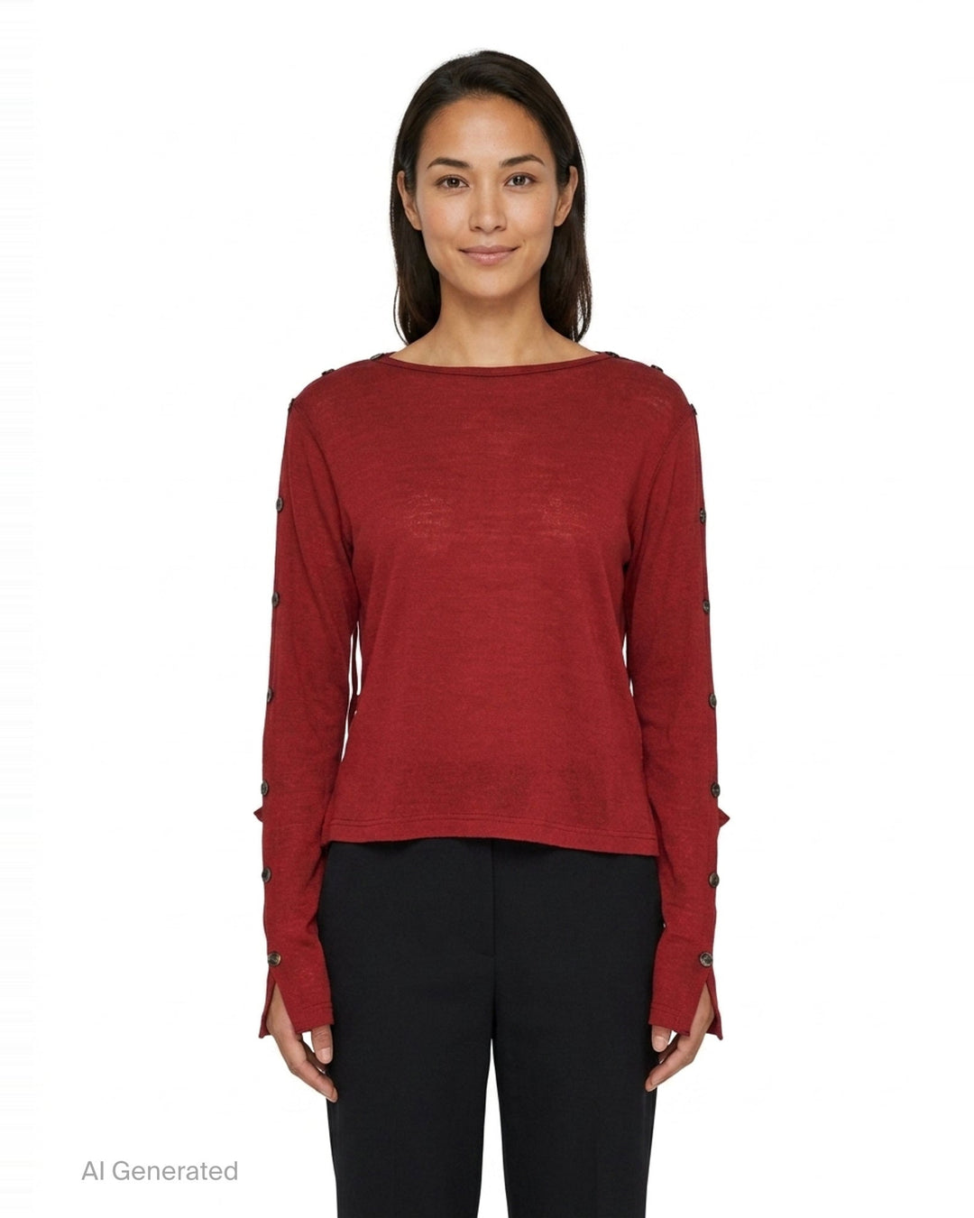 Y's red lightweight knit boat neck top with dark gunmetal buttons running along the full length of both long sleeves, shown flat on a white background - front