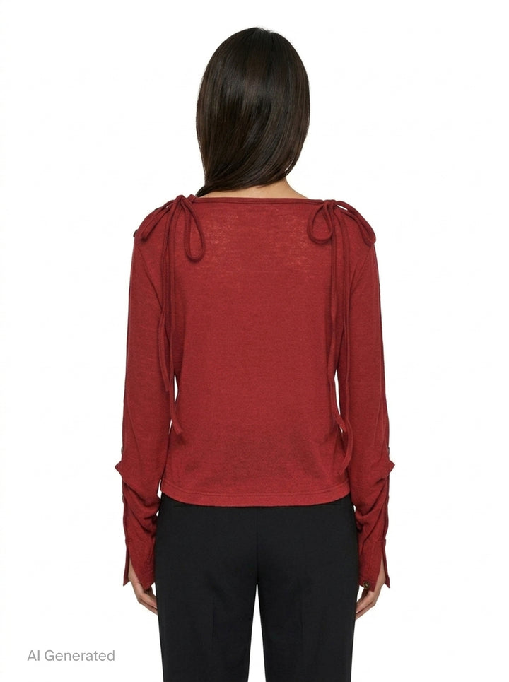 Y's red lightweight knit boat neck top with dark gunmetal buttons running along the full length of both long sleeves, shown flat on a white background - back