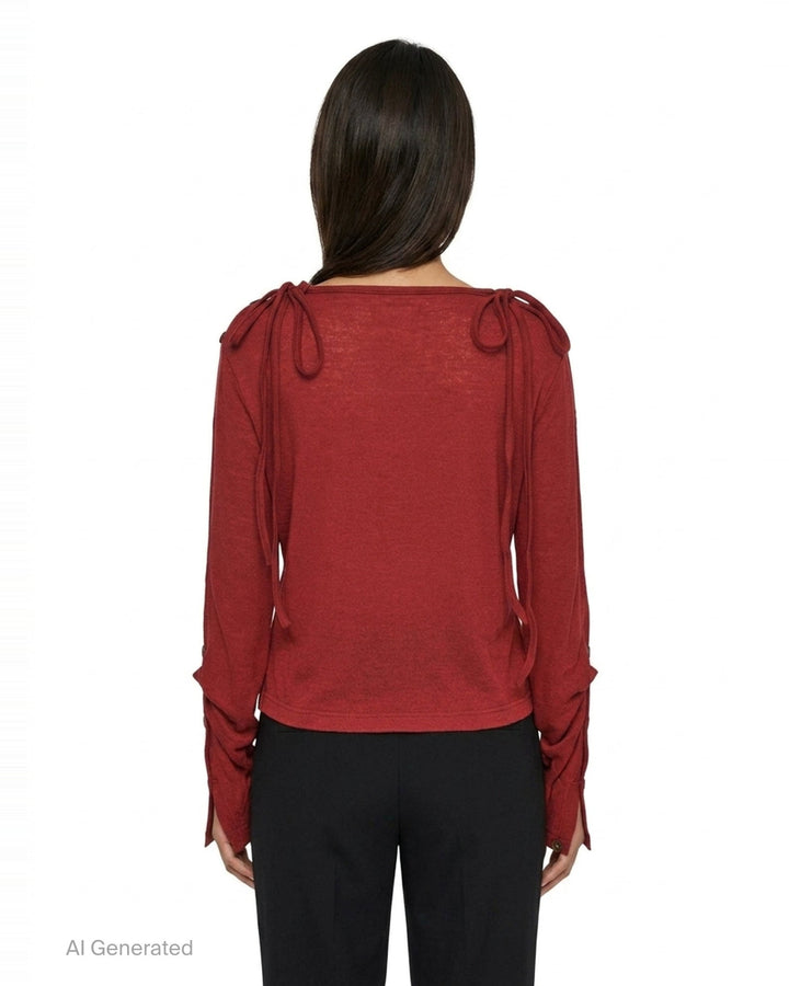 Y's red lightweight knit boat neck top with dark gunmetal buttons running along the full length of both long sleeves, shown flat on a white background - back
