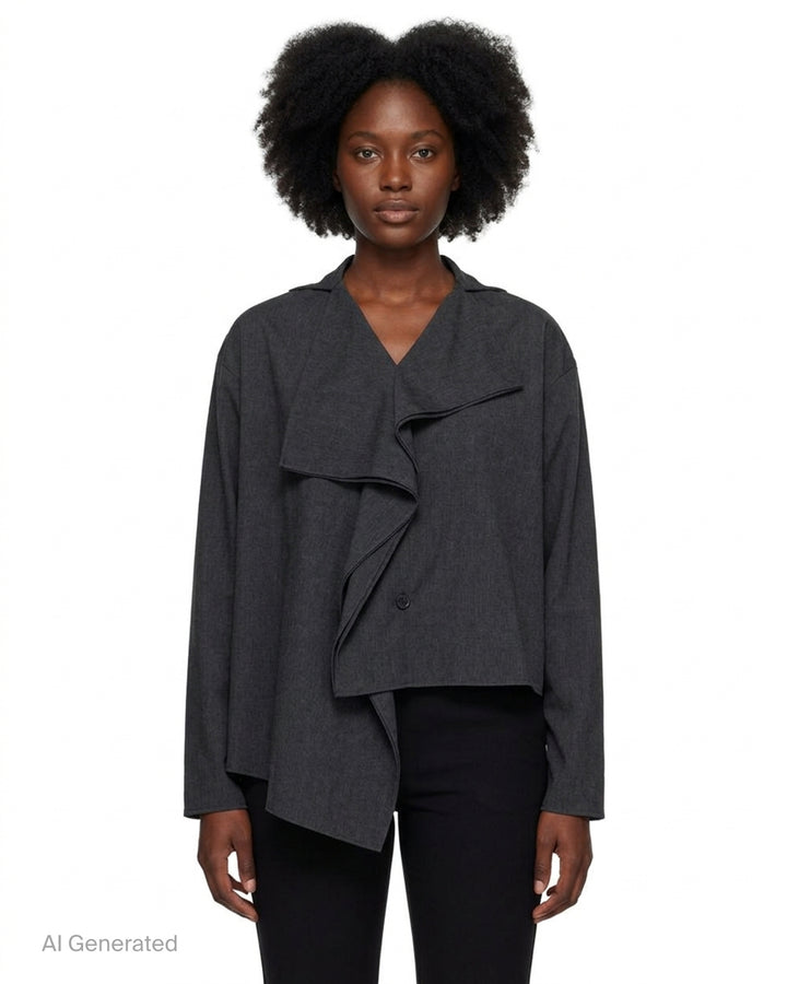 Y's charcoal grey draped asymmetric blouson with cascading ruffle front, notched collar and uneven hem - front