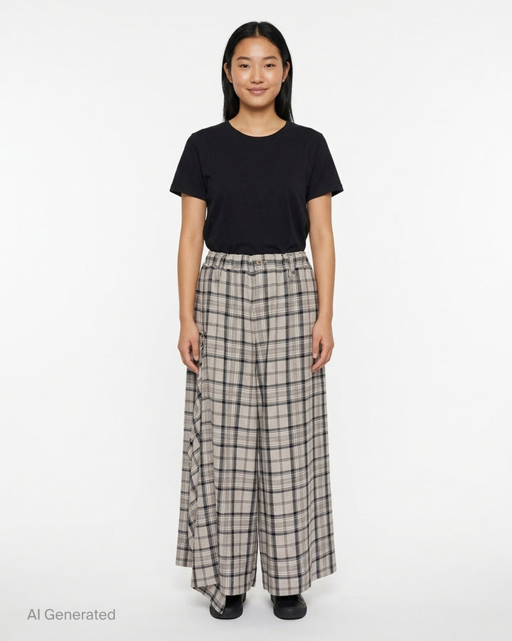 Y's wide-leg pants in a grey and navy plaid crinkled fabric with a gathered elasticated waist and draped asymmetric side panel, shown from the front - front