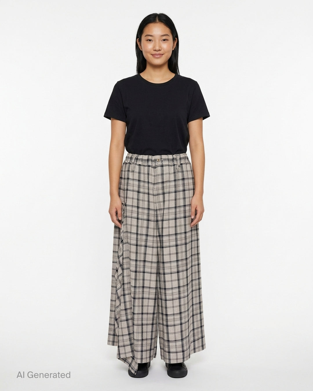 Y's wide-leg pants in a grey and navy plaid crinkled fabric with a gathered elasticated waist and draped asymmetric side panel, shown from the front - front