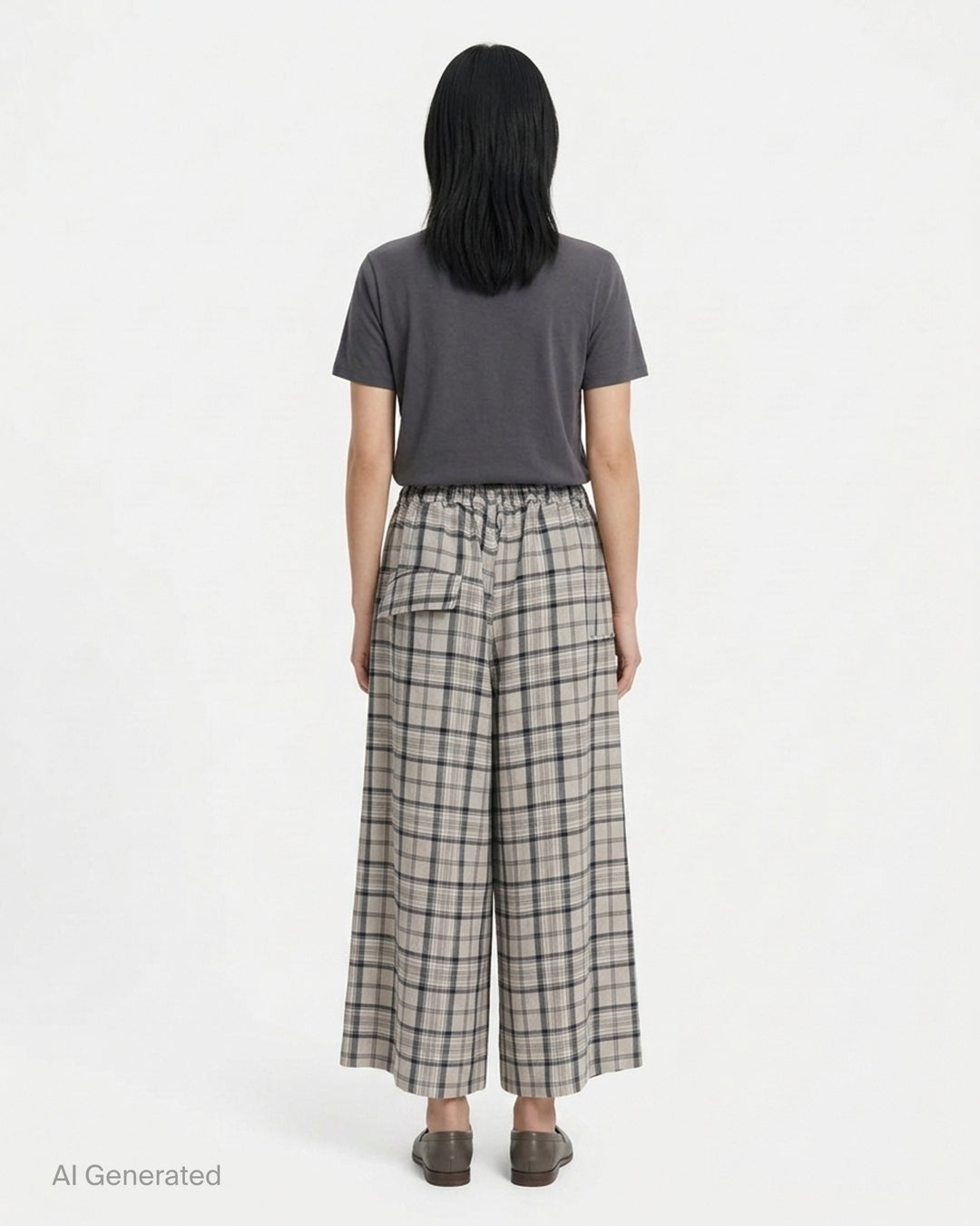 Y's wide-leg pants in a grey and navy plaid crinkled fabric with a gathered elasticated waist and draped asymmetric side panel, shown from the front - back