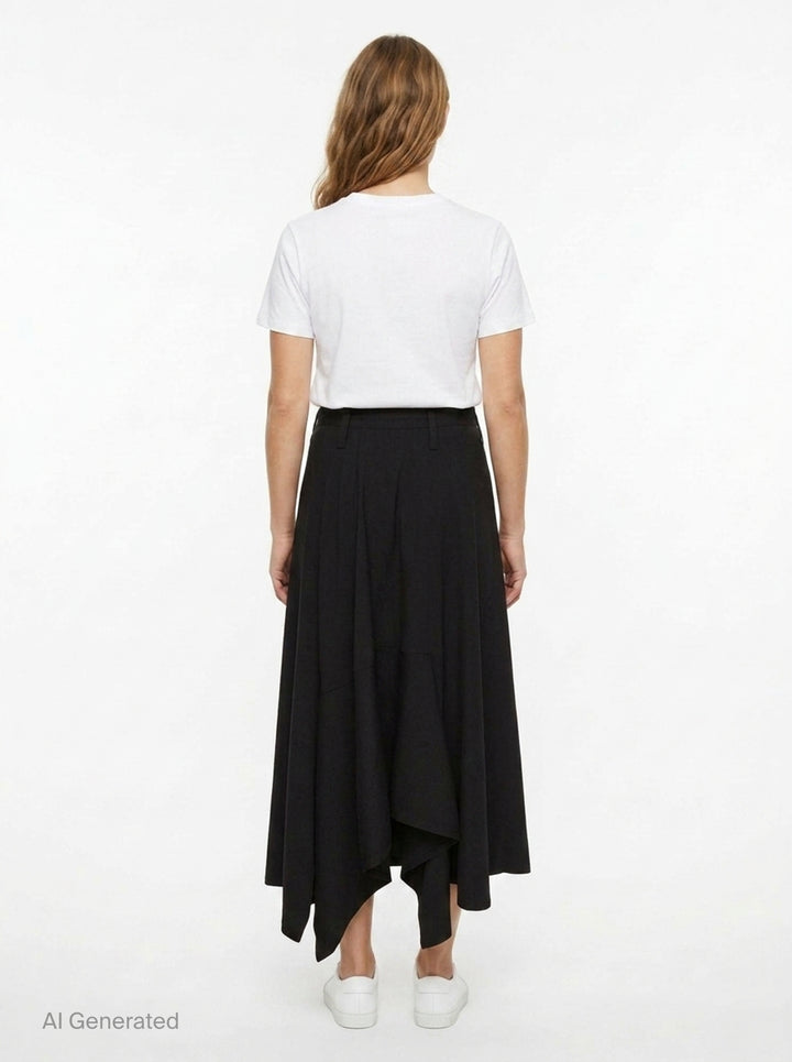 Y's black structured cloth maxi skirt with asymmetric hem, patch pocket, and tailored waistband with button fastening - back