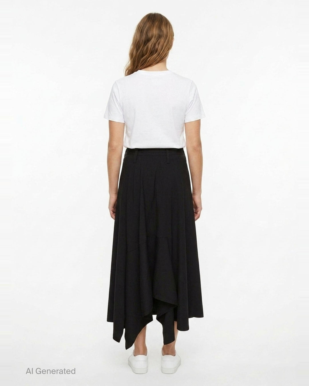 Y's black structured cloth maxi skirt with asymmetric hem, patch pocket, and tailored waistband with button fastening - back