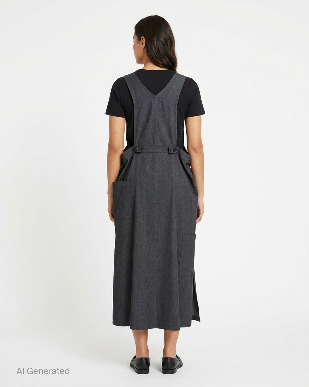 Y's charcoal grey wool salopette pinafore dress with adjustable buckle straps, bib front and oversized side pockets, shown from the front - back