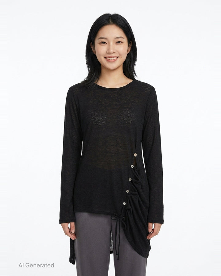 Y's black long-sleeve crew-neck knit top with asymmetric draped panel, vertical shell buttons, and adjustable drawstring tie creating a ruched sculptural effect - front