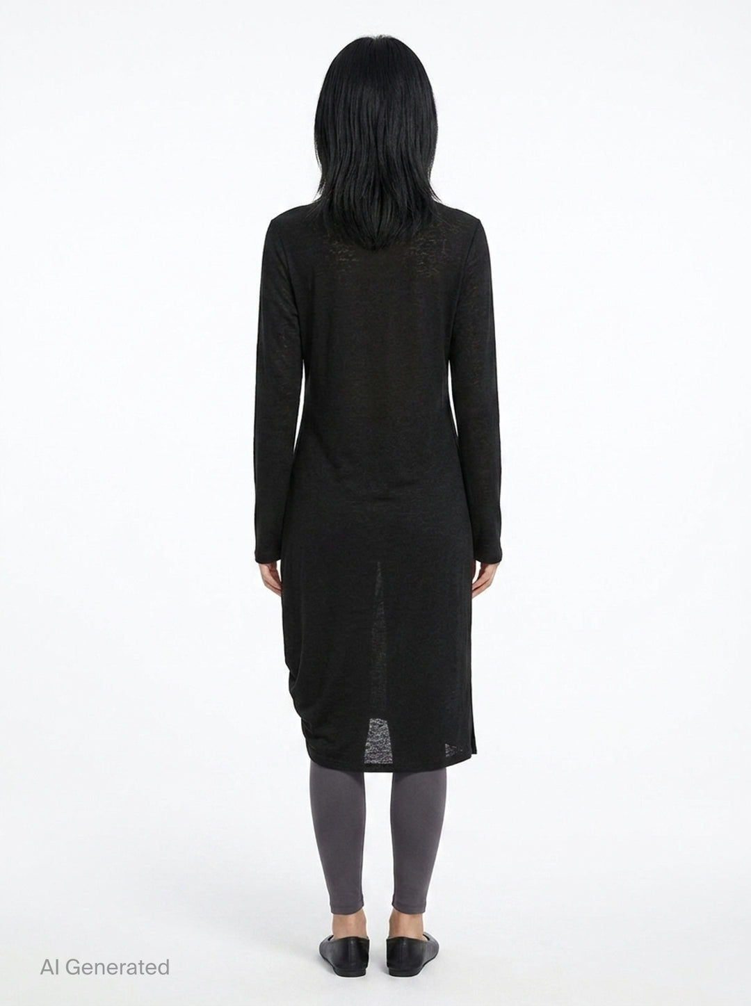 Y's black long-sleeve crew-neck knit top with asymmetric draped panel, vertical shell buttons, and adjustable drawstring tie creating a ruched sculptural effect - back