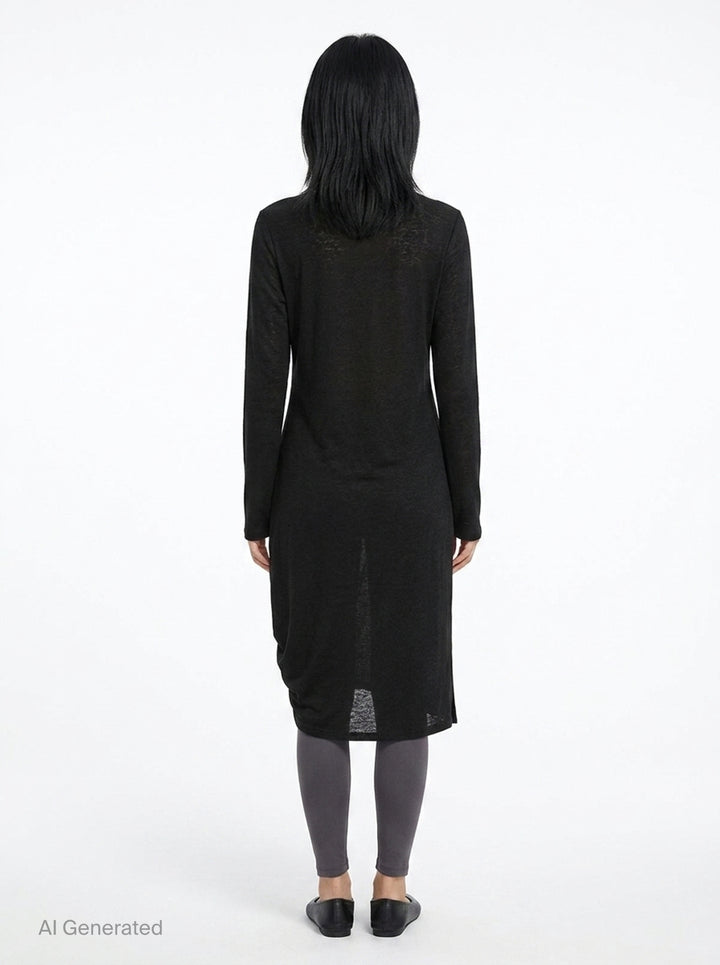 Y's black long-sleeve crew-neck knit top with asymmetric draped panel, vertical shell buttons, and adjustable drawstring tie creating a ruched sculptural effect - back