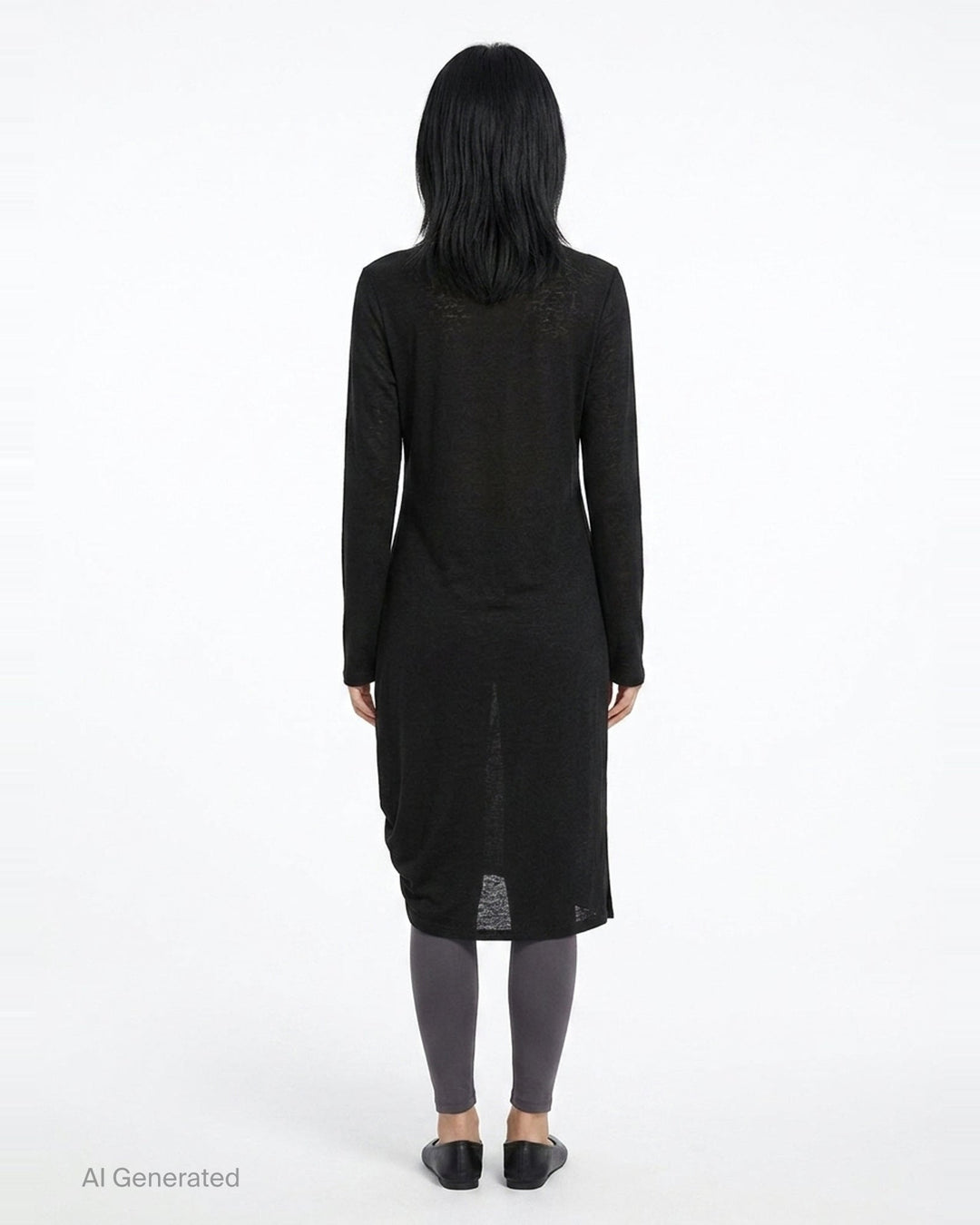 Y's black long-sleeve crew-neck knit top with asymmetric draped panel, vertical shell buttons, and adjustable drawstring tie creating a ruched sculptural effect - back